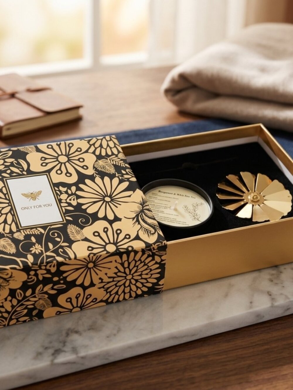 Only For You Rotating Candle Carousel Gift Set – Gold Flower Box & Spinner